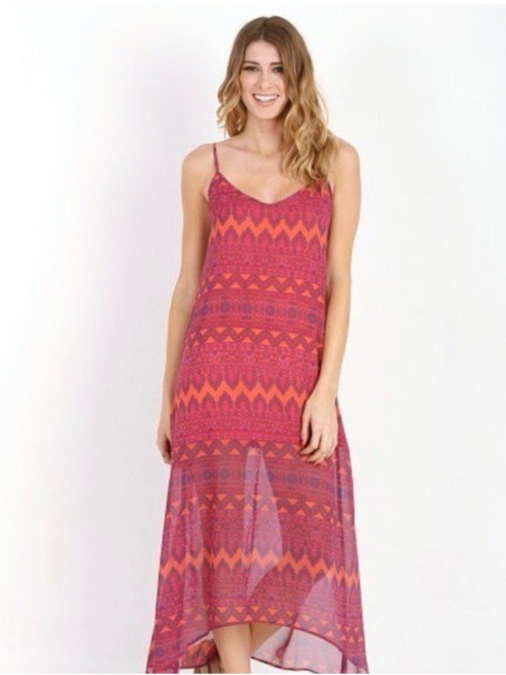 Show Me Your MuMu Pink & Orange Patterned V-Neck High-Low Maxi Dress